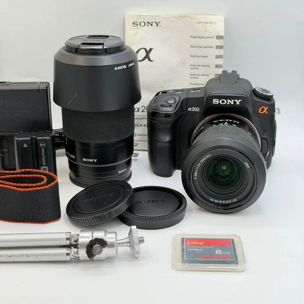 Sony Alpha DSLR-A200 Camera Bundle 18-70mm 75-300mm Lenses 8GB CF Card Tripod